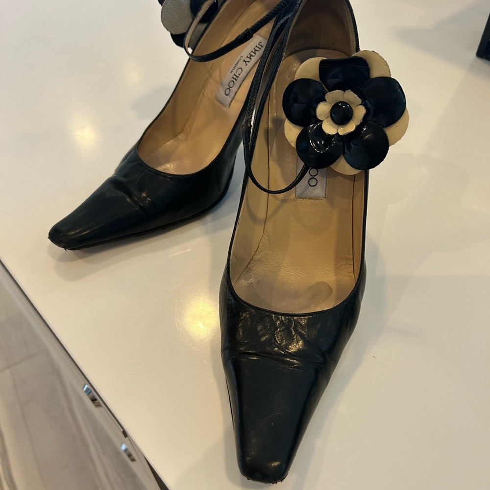 Jimmy Choo Black and Cream Floral Heels